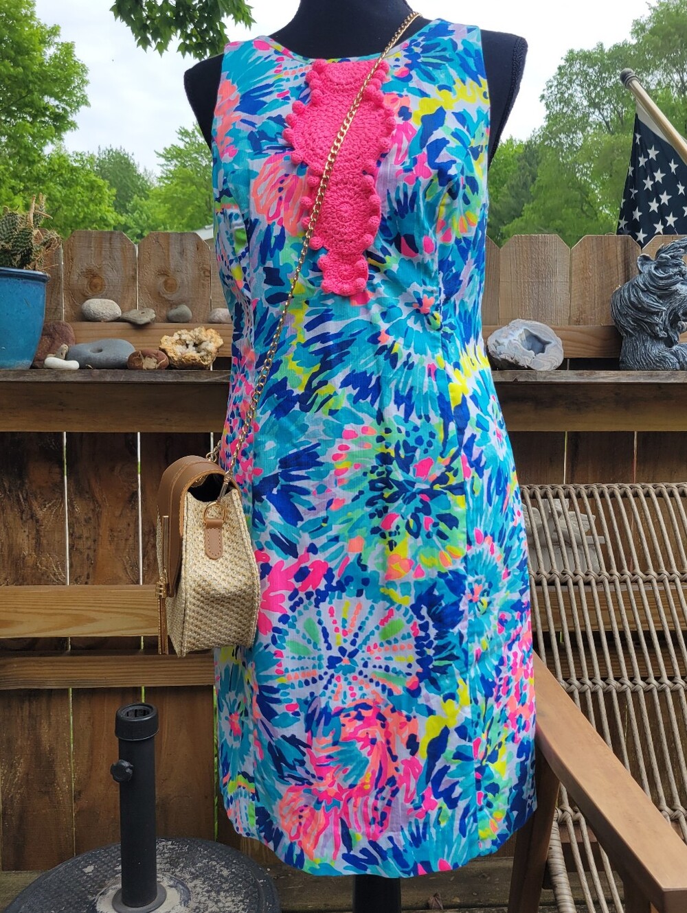 Lilly Pulitzer adara Sleeveless Shift Dress with Pink Crochet Detail dive in tye